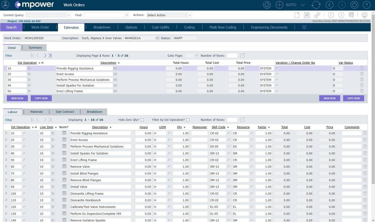 Estimate Templates add relevant operations and estimate structure based on answers to criteria