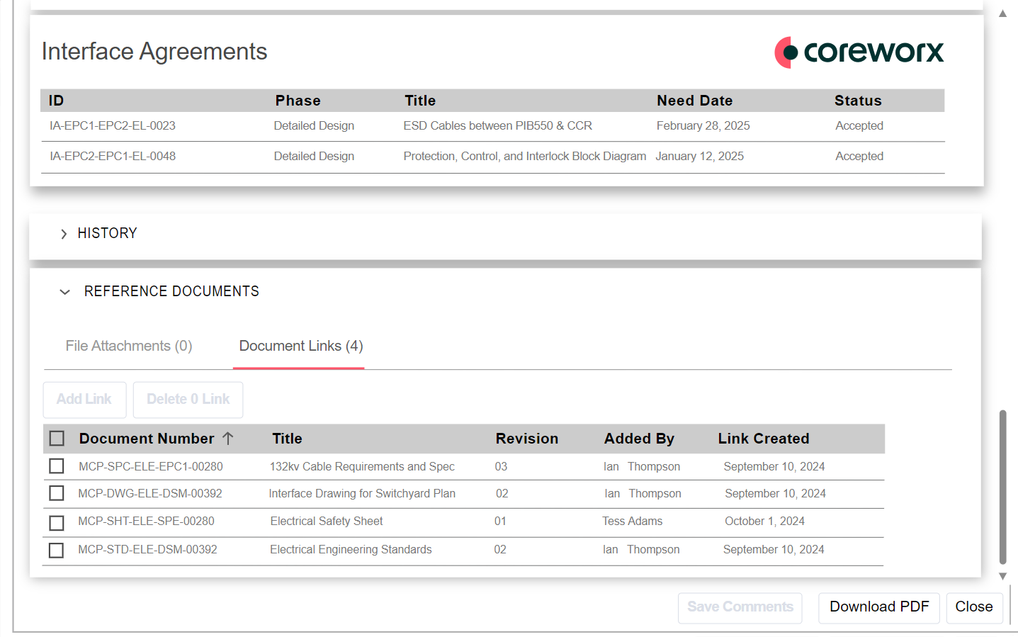 Coreworx EDMS Connector with controlled document links
