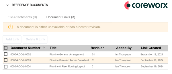 Visual indication of a document with a newer revision available in Coreworx EDMS Connector