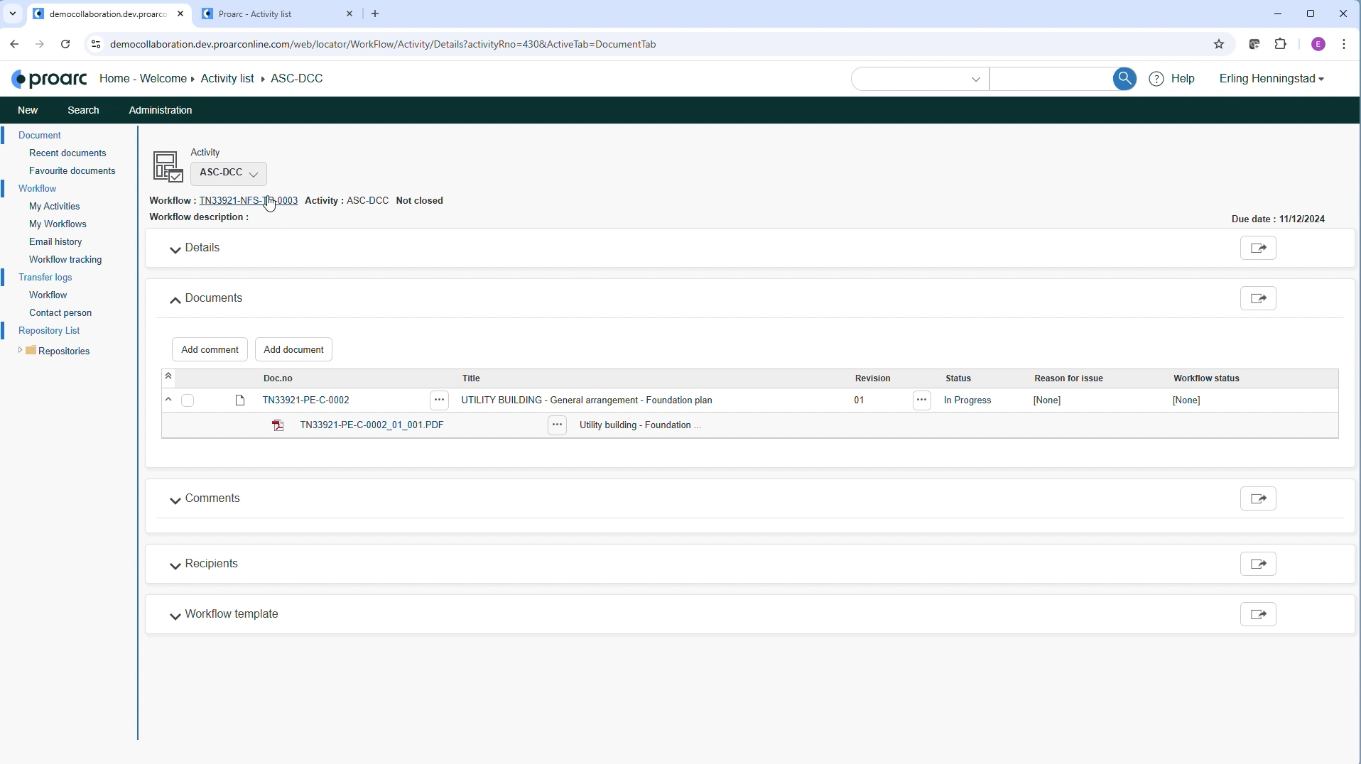 Workflow Activity Screen in Proarc Collaboration Room